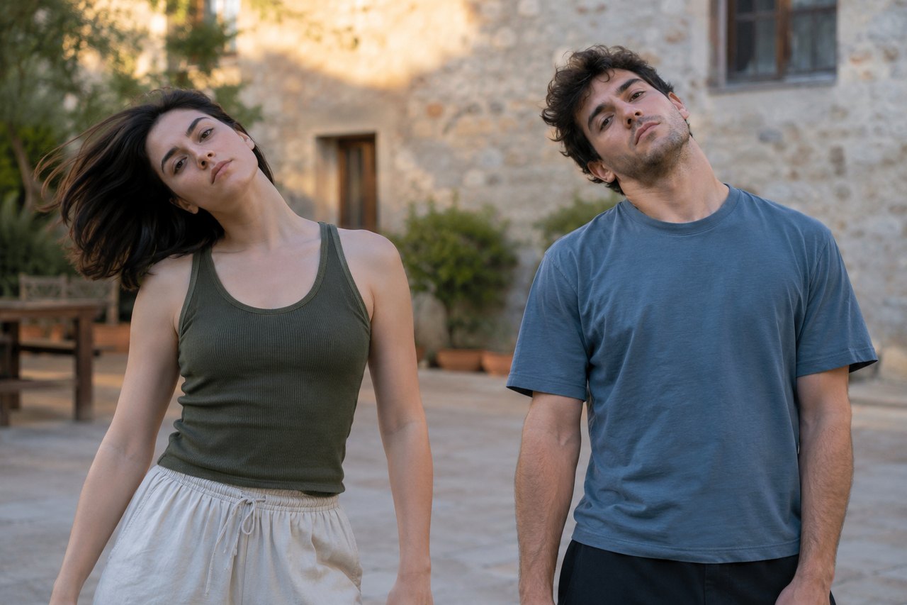 Two friends finishing a head sway in a sunlit courtyard, deadpan faces, vertical frame