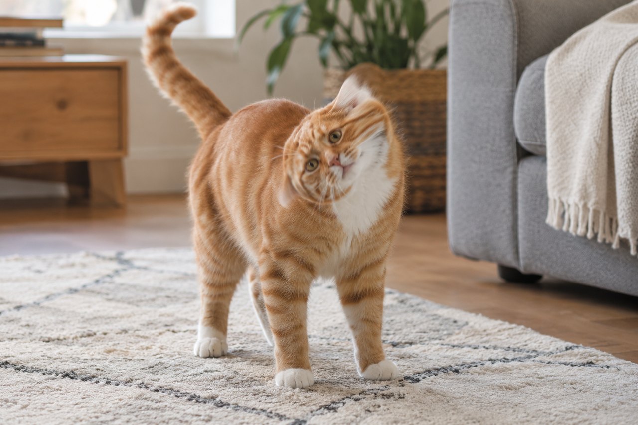 A cat doing a playful head sway on a rug, warm window light, vertical frame